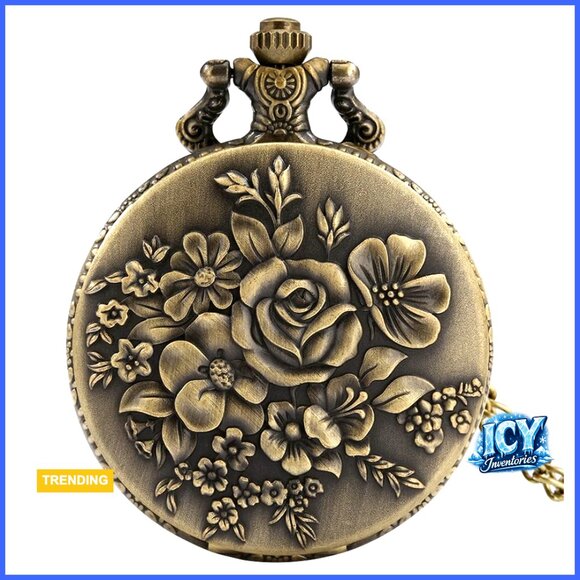 Vintage Quartz Pocket Watch with Bronze Case Rose Pattern Necklace Chain main image 4